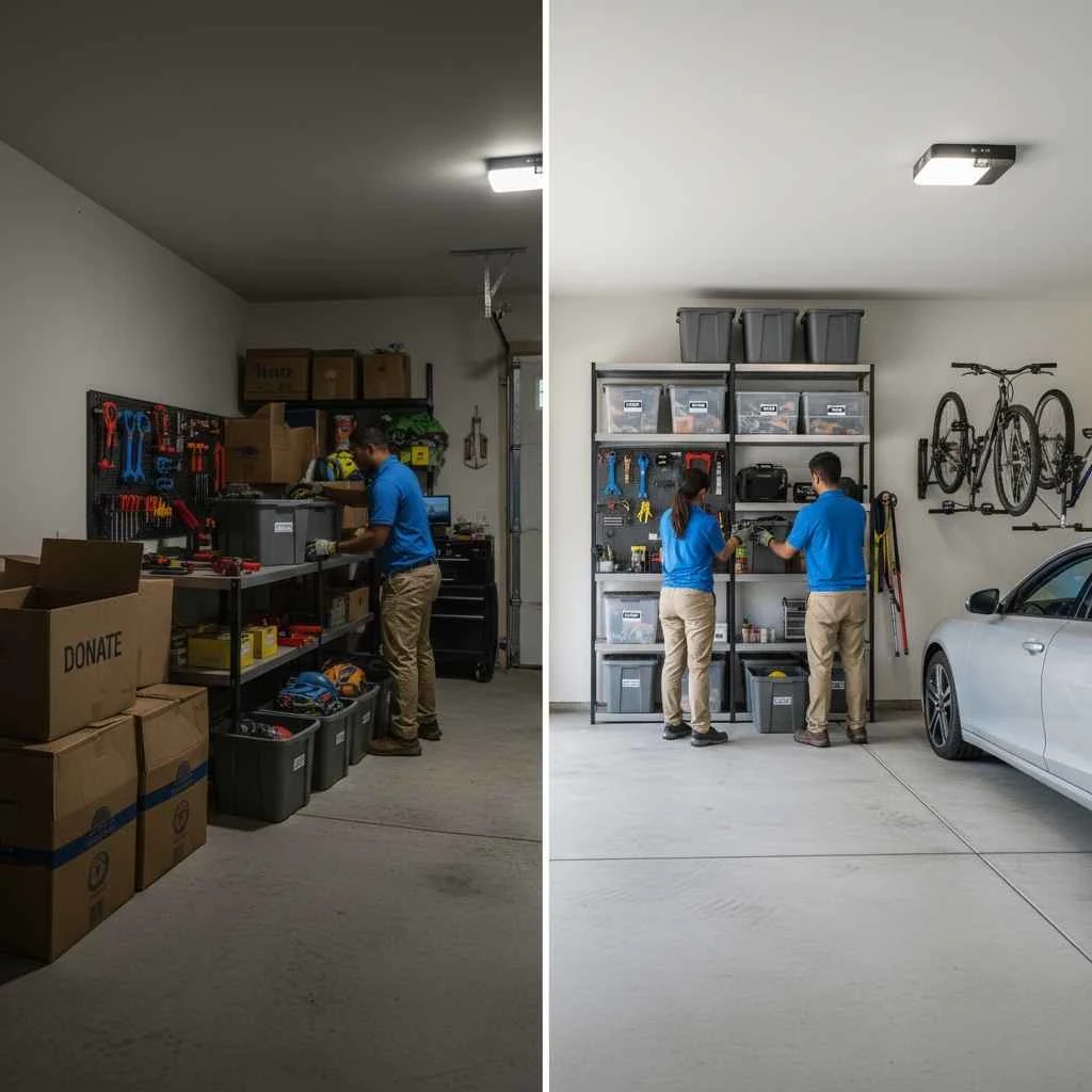 team members sorting garage items into labeled sections.