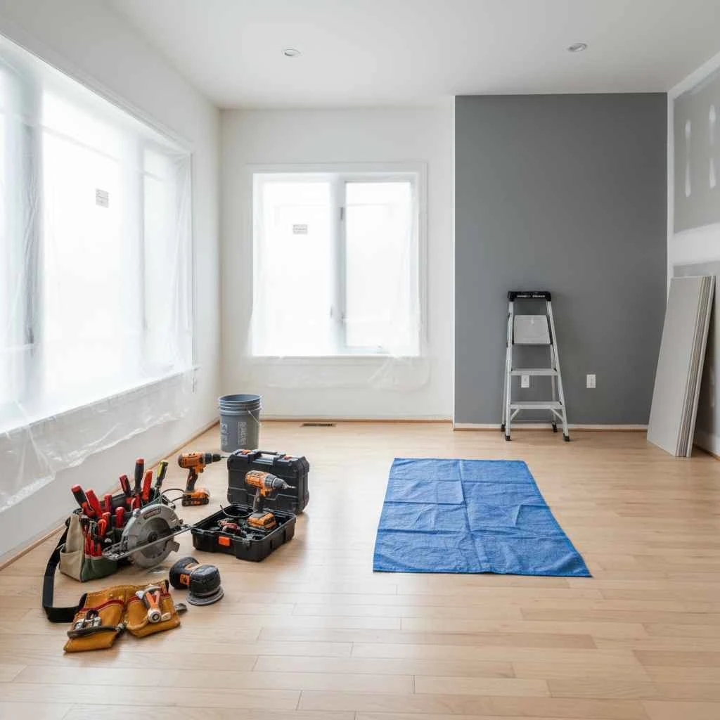 Empty room ready for renovation with tools neatly arranged