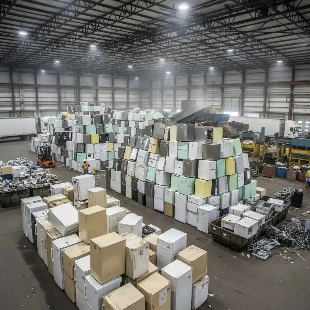 Appliance recycling facility with refrigerators