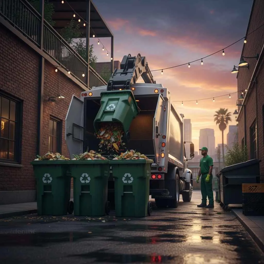 Hauling truck servicing restaurant compost bins