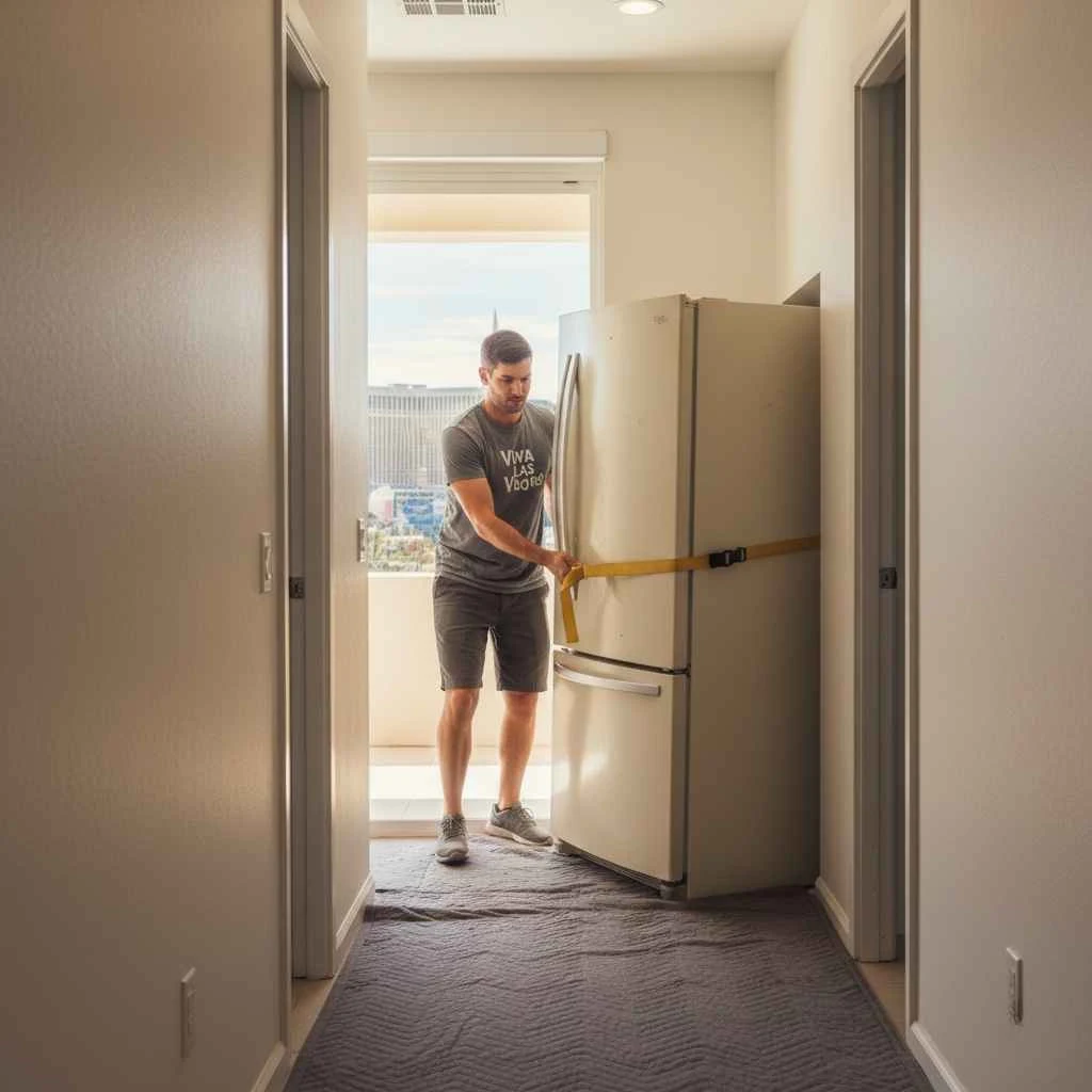 Technicians safely moving refrigerator through doorway