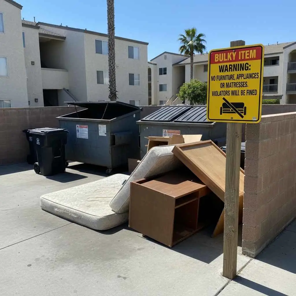 apartment complex dumpster area with bulky item warning sign