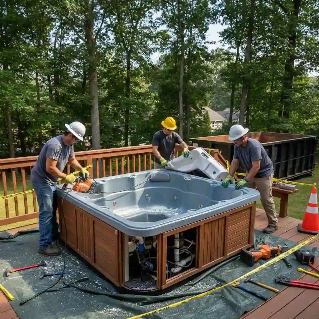 crew cutting and dismantling a hot tub safely.