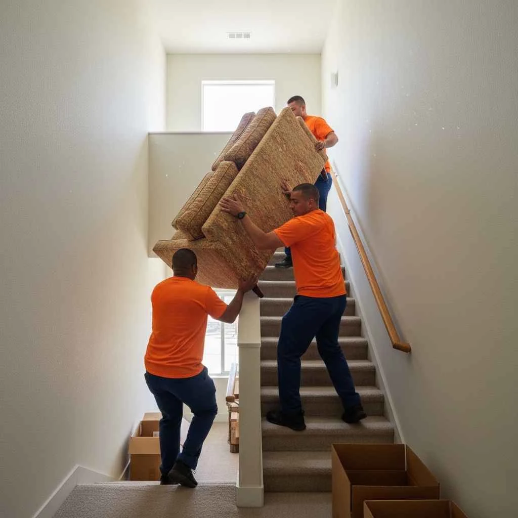 narrow apartment stairwell with bulky couch being maneuvered