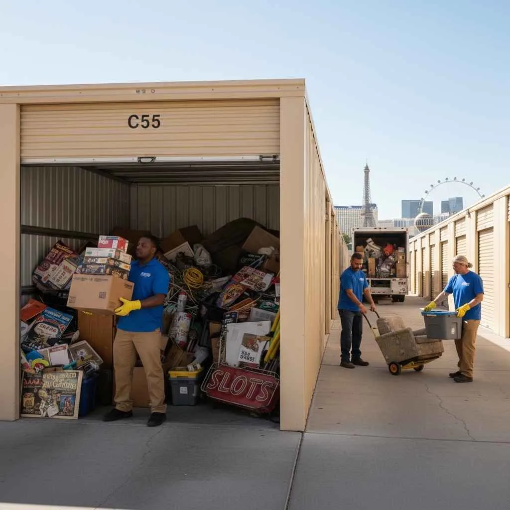 professional cleanout crew removing items from storage unit