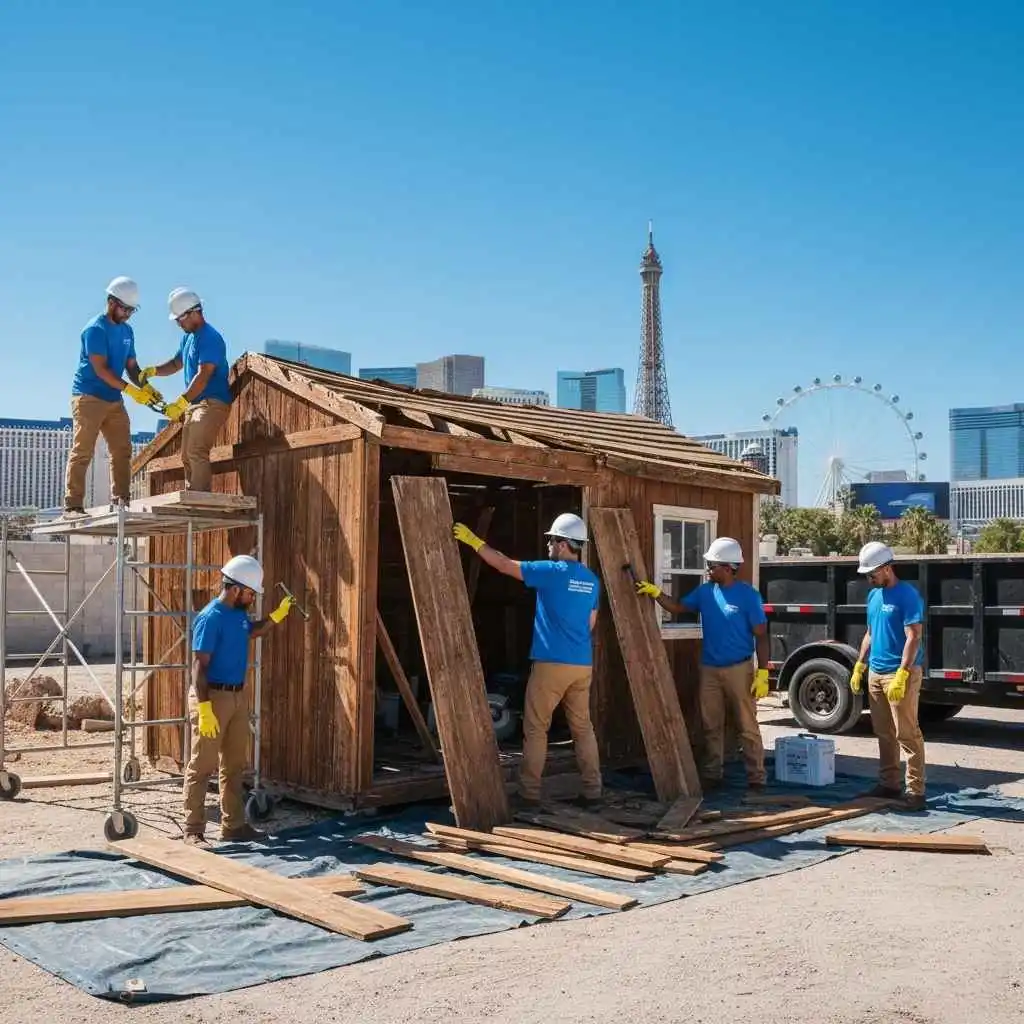 professional crew dismantling a wooden shed safely