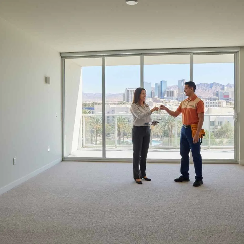 tenant handing keys to property manager in clean apartment