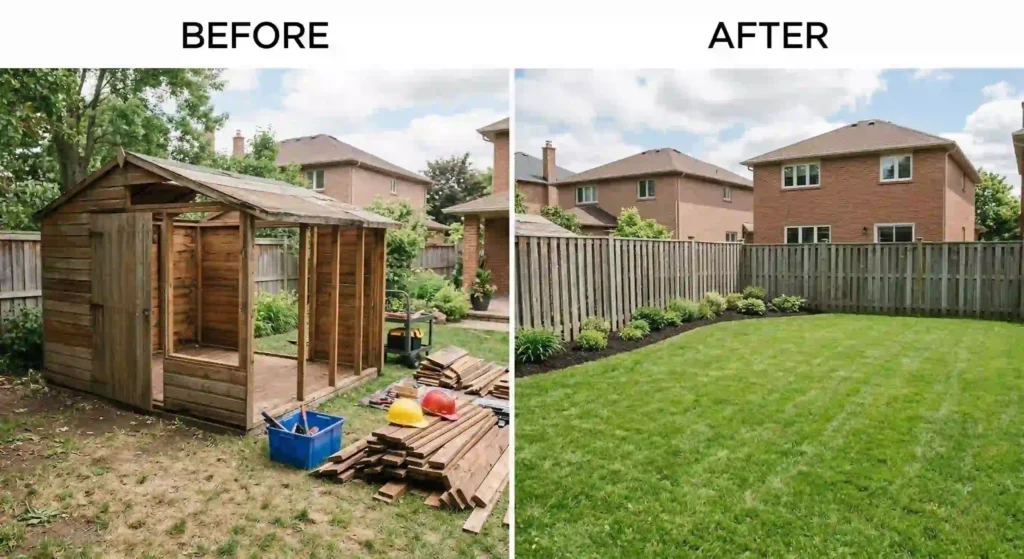 before-and-after image of a backyard after shed demolition and cleanup.