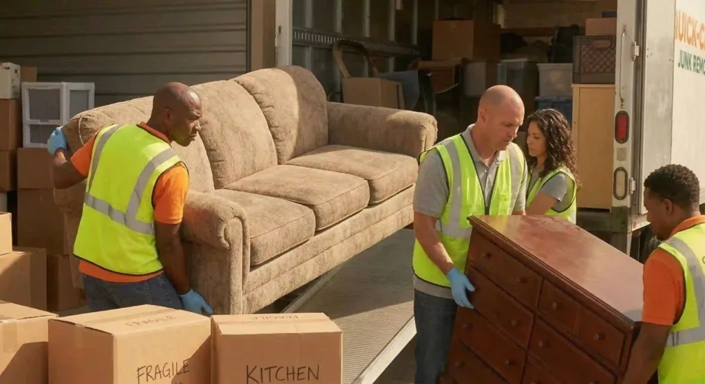 furniture and boxes being removed from a storage unit.