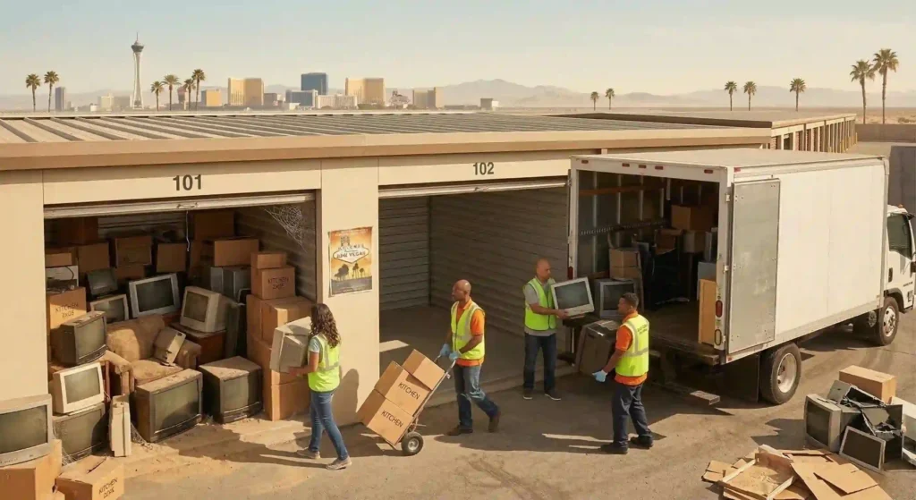 junk removal crew clearing items from a storage unit.