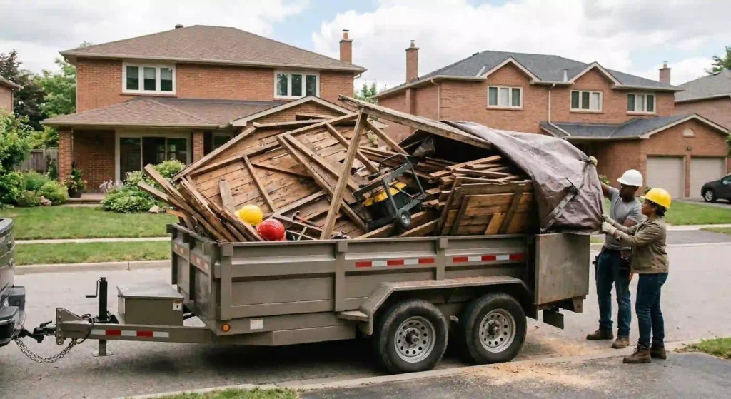 junk removal truck or dump trailer loaded with shed debris.