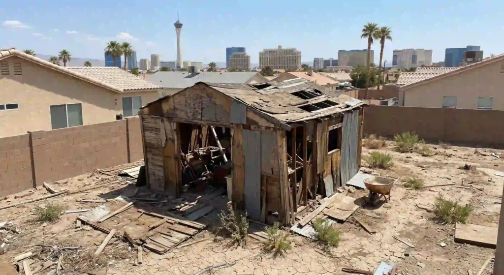 old damaged backyard shed in Las Vegas before demolition.