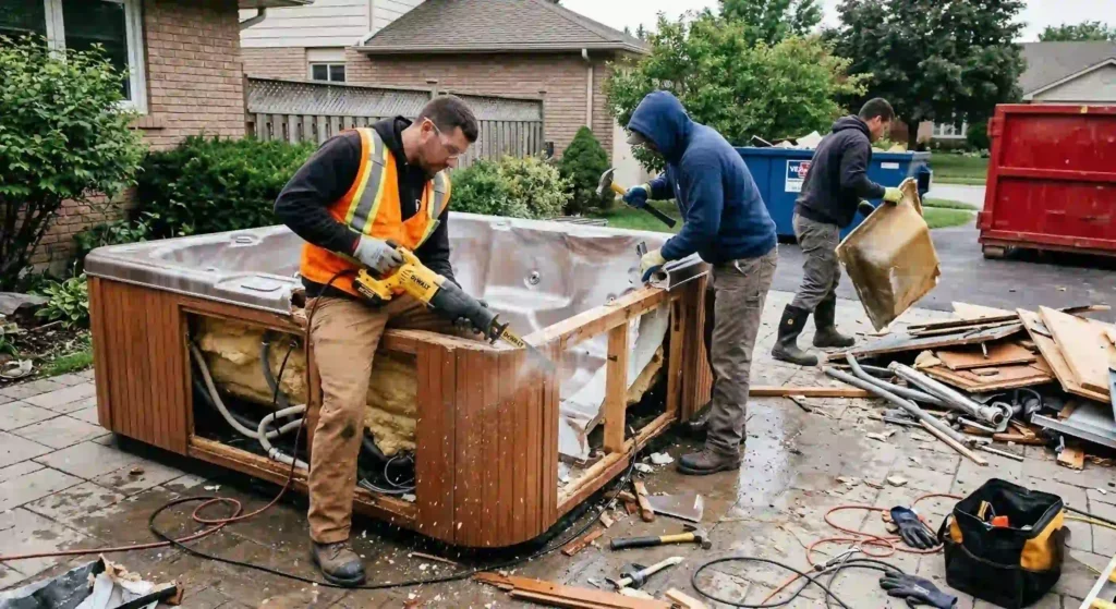 workers cutting and dismantling a hot tub during removal.