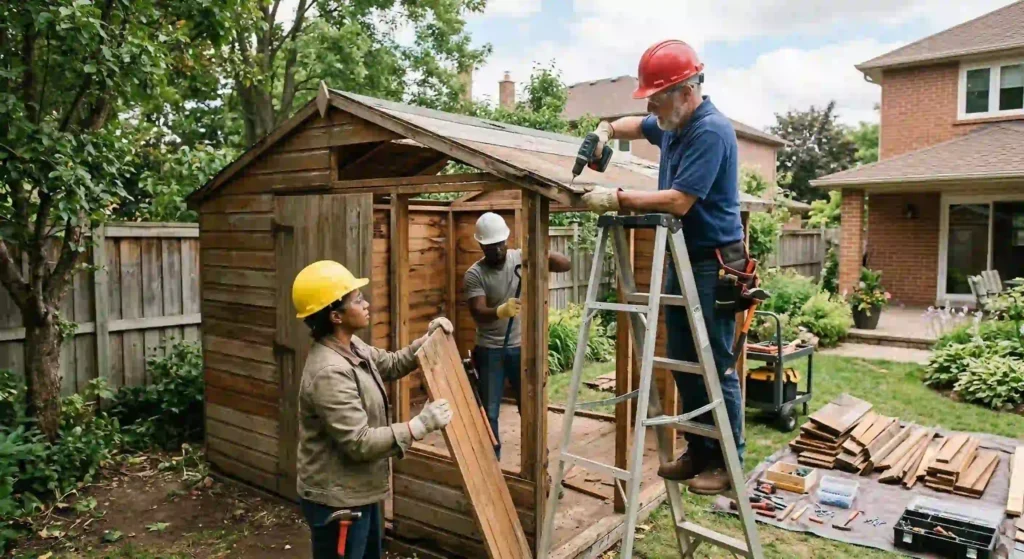 workers dismantling a backyard shed safely.