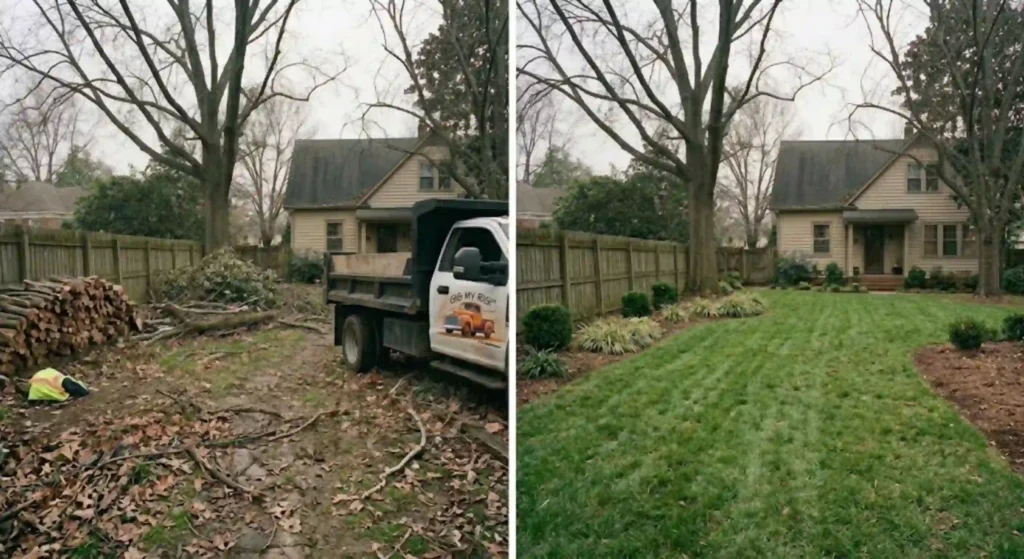 before-and-after image of clean backyard