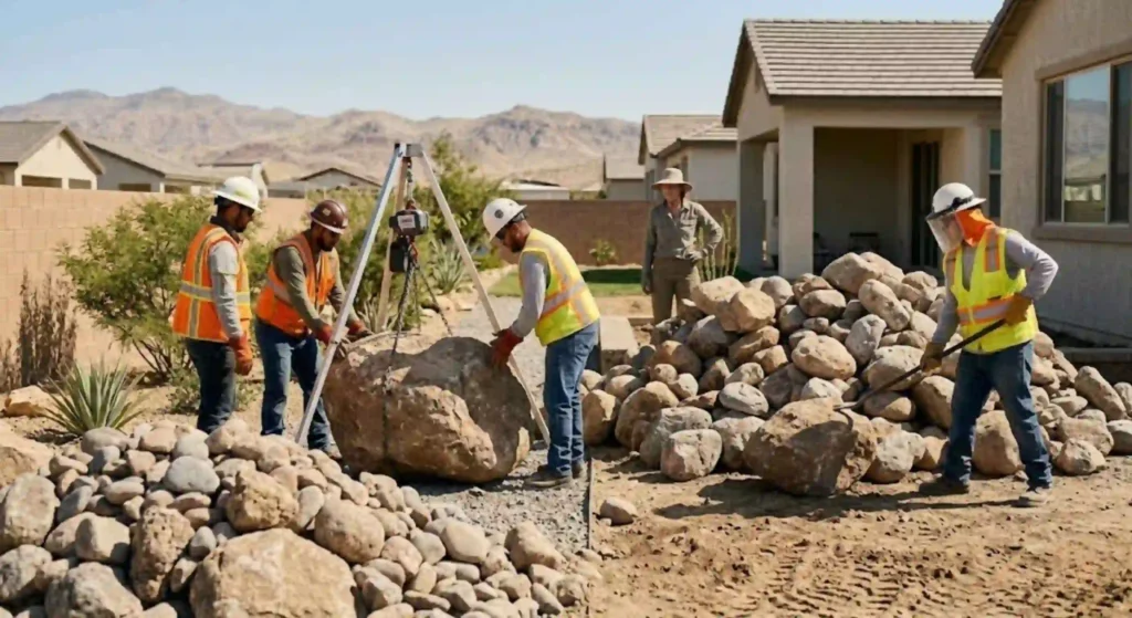 heavy rock piles and workers using proper safety gear