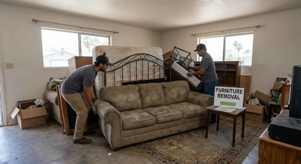 old furniture piled in a living room