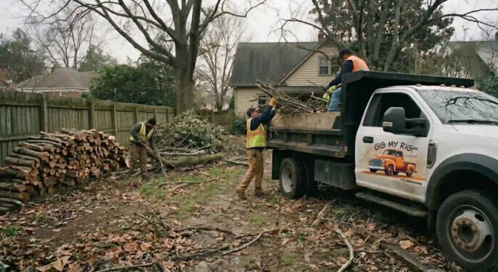 professionals loading yard waste into truck