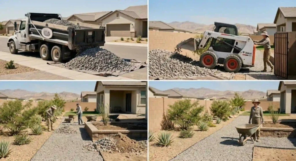 rock being delivered and placed in a backyard landscaping project