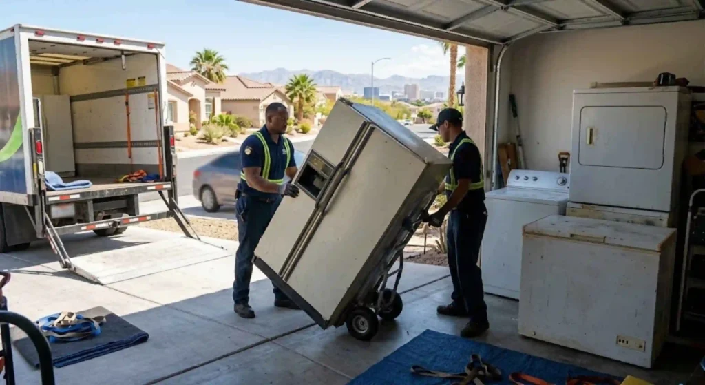 team removing large refrigerator