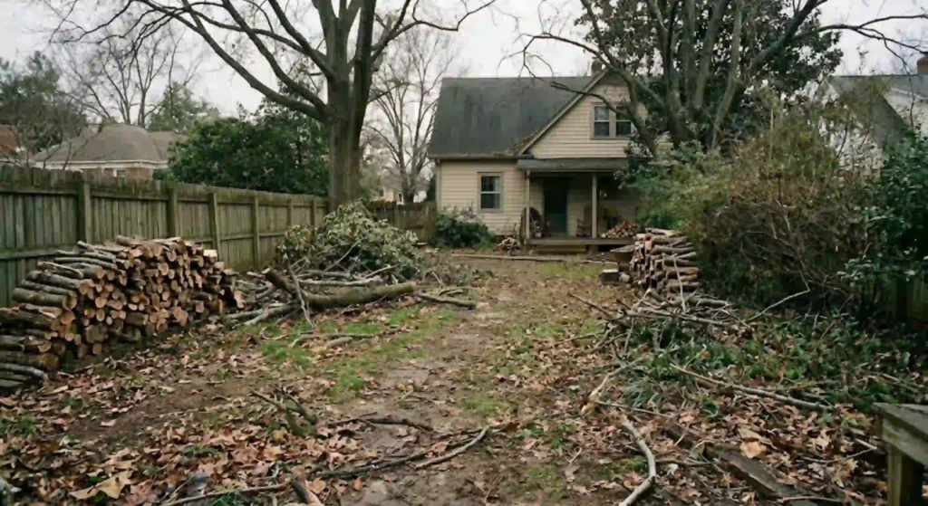 yard full of branches and debris before cleanup