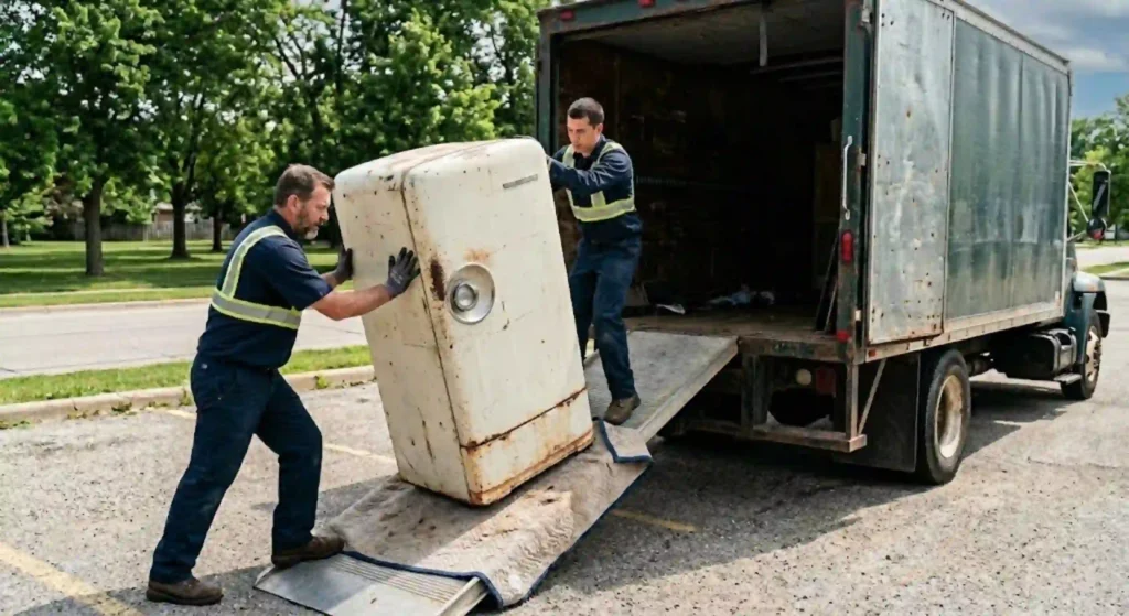 old fridge being loaded into hauling truck