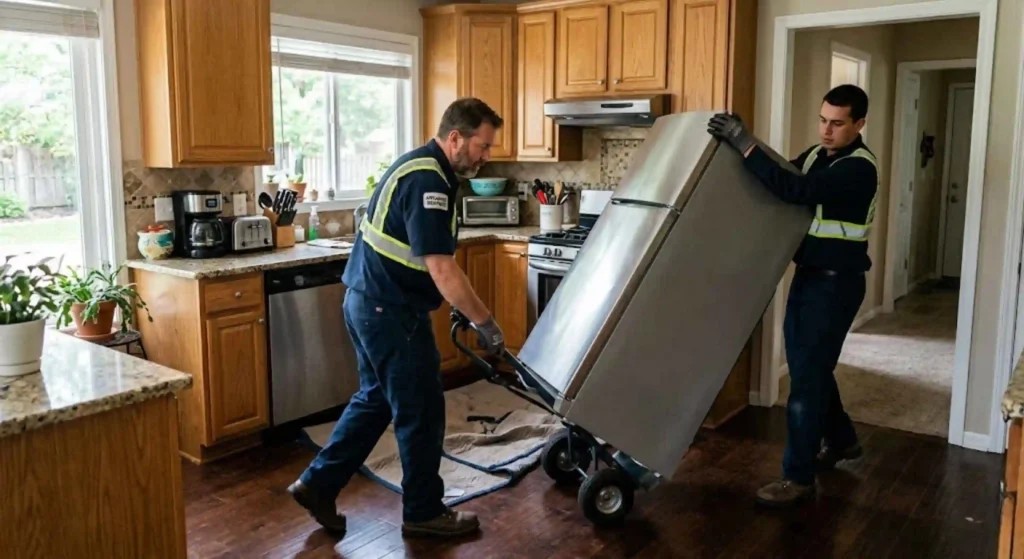 technicians removing refrigerator from home kitchen