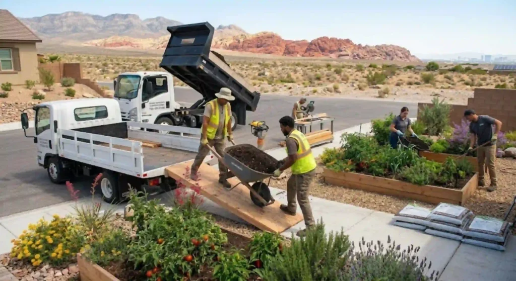 Hauling crew transporting compost for Las Vegas landscaping project