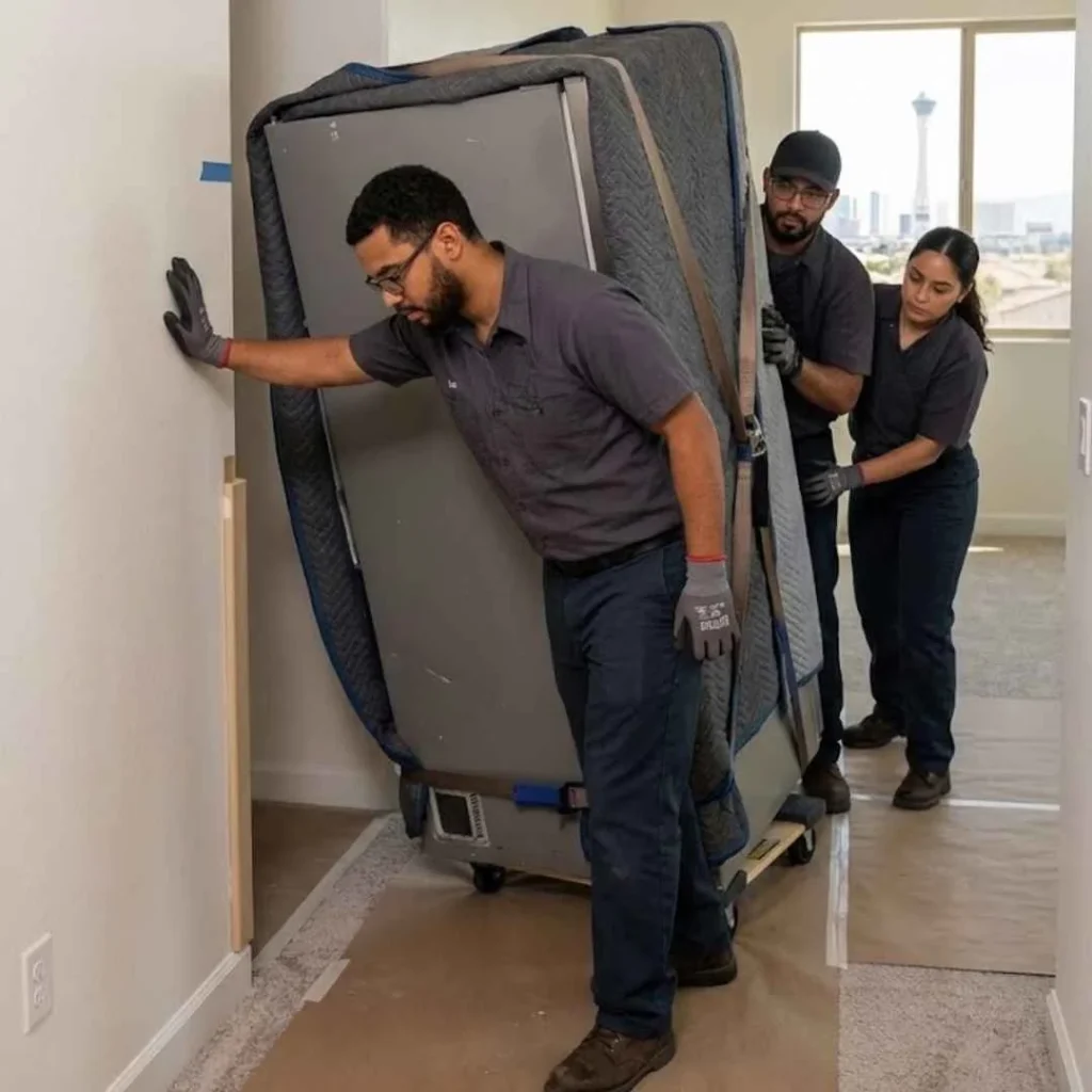 Team members carefully lifting and removing refrigerator