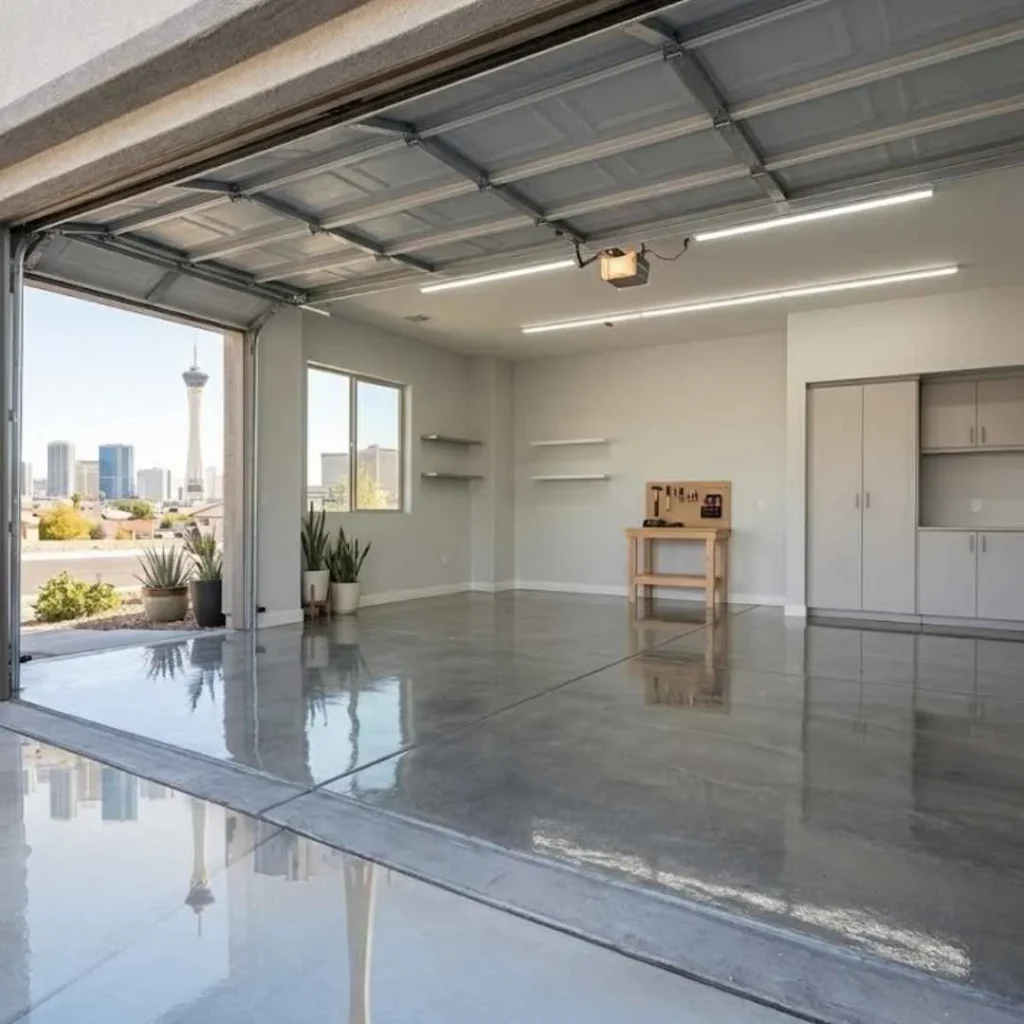 fully cleared-out garage with shiny concrete floors after a complete cleanout.