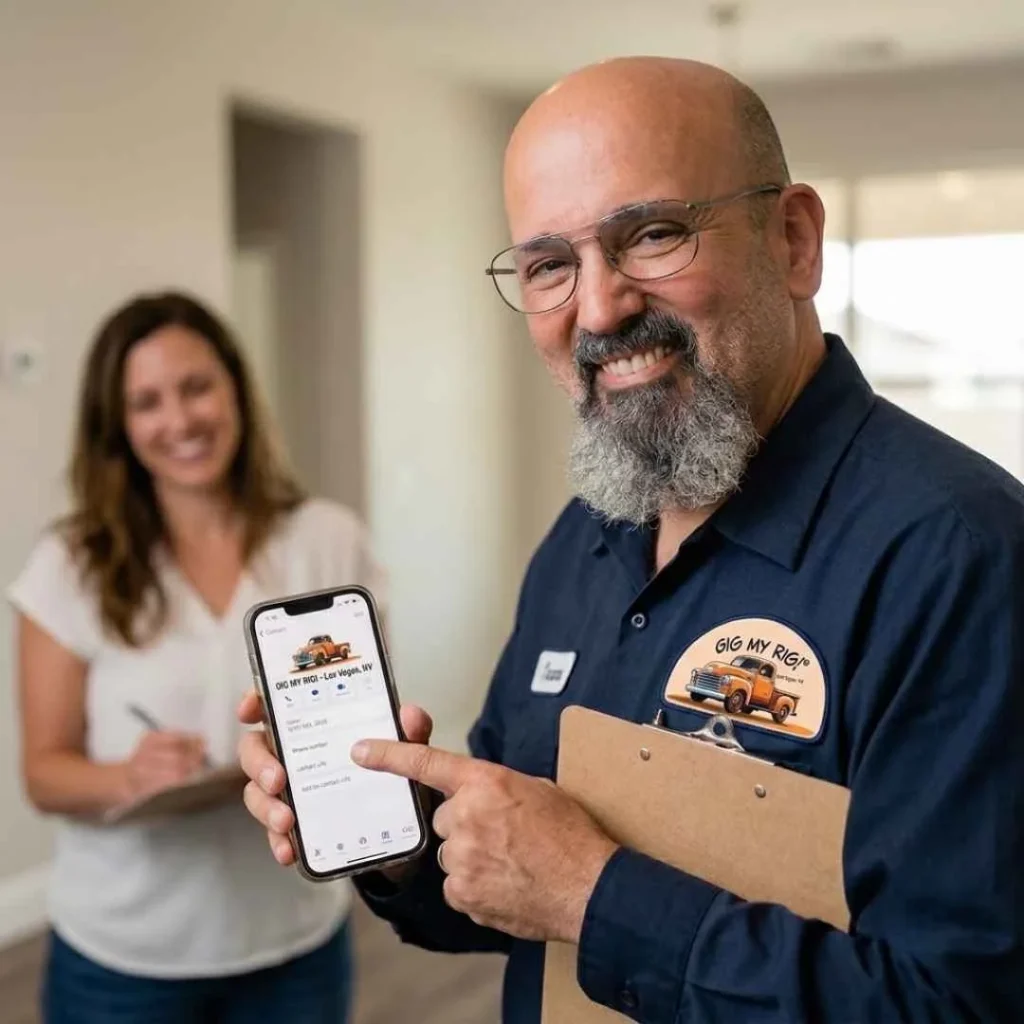 team member pointing to phone contact info or holding a clipboard during a friendly client walkthrough.