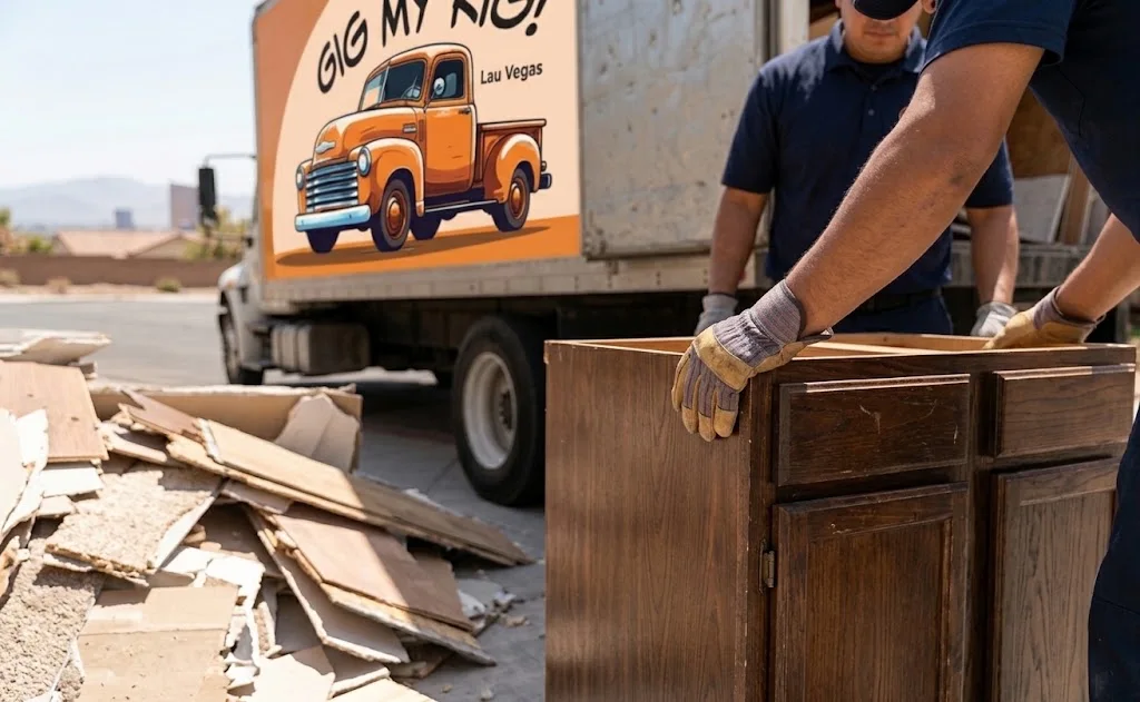 Las Vegas junk removal crew loading cabinets and construction debris