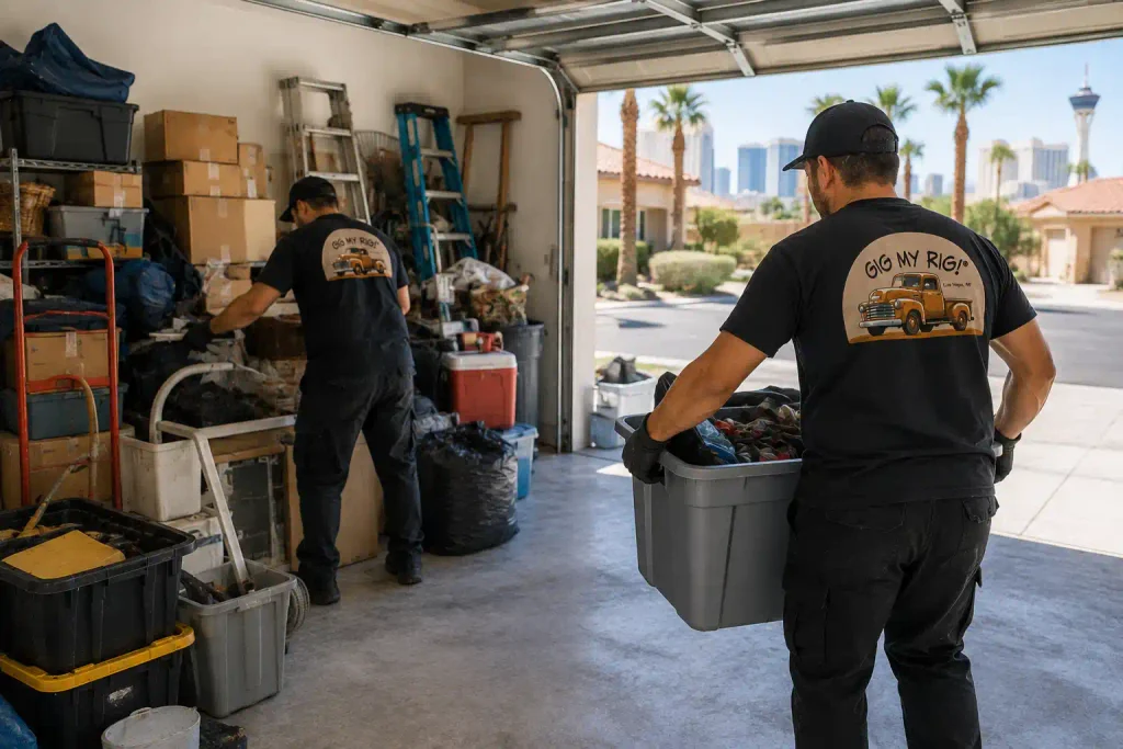 Professional Garage Cleanouts team clearing a cluttered Las Vegas garage