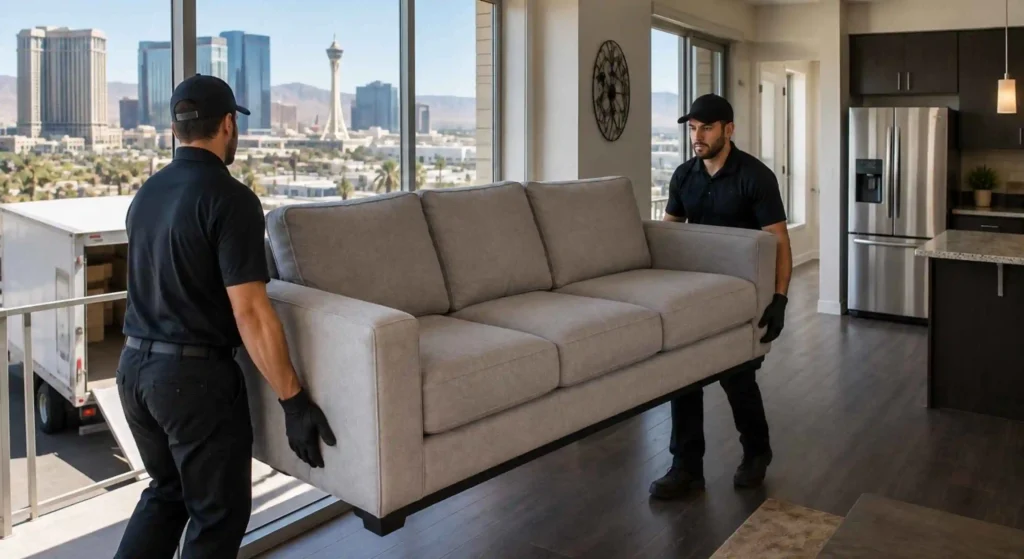 Professional couch removal team carrying a sofa from a Las Vegas condo
