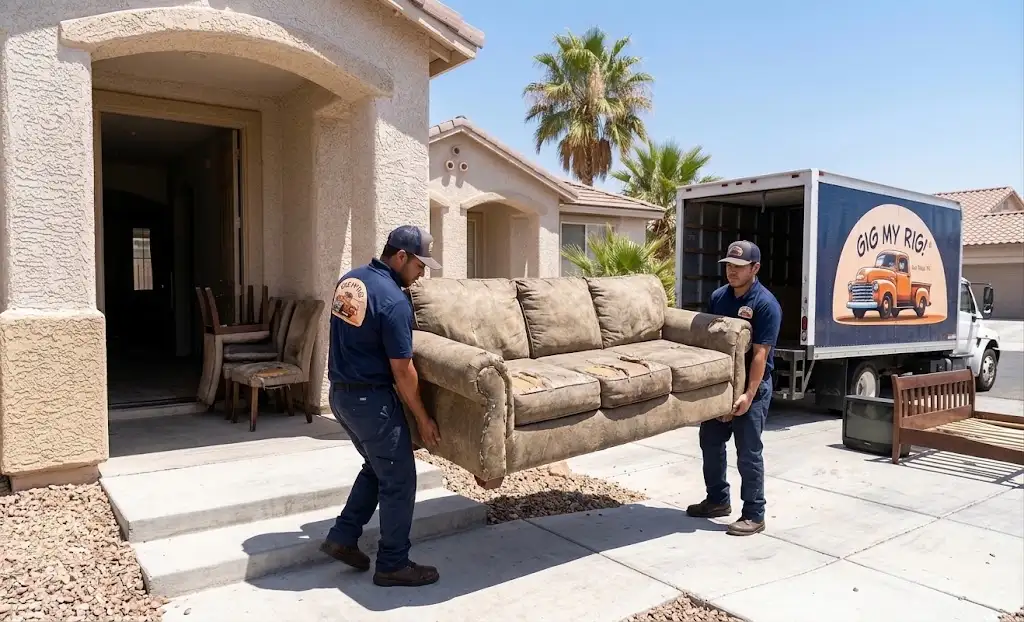 Professional furniture removal workers carrying an old sofa from a Las Vegas home
