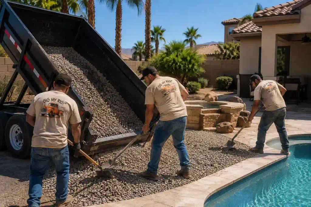 Professional gravel hauling for a Las Vegas pool landscaping project