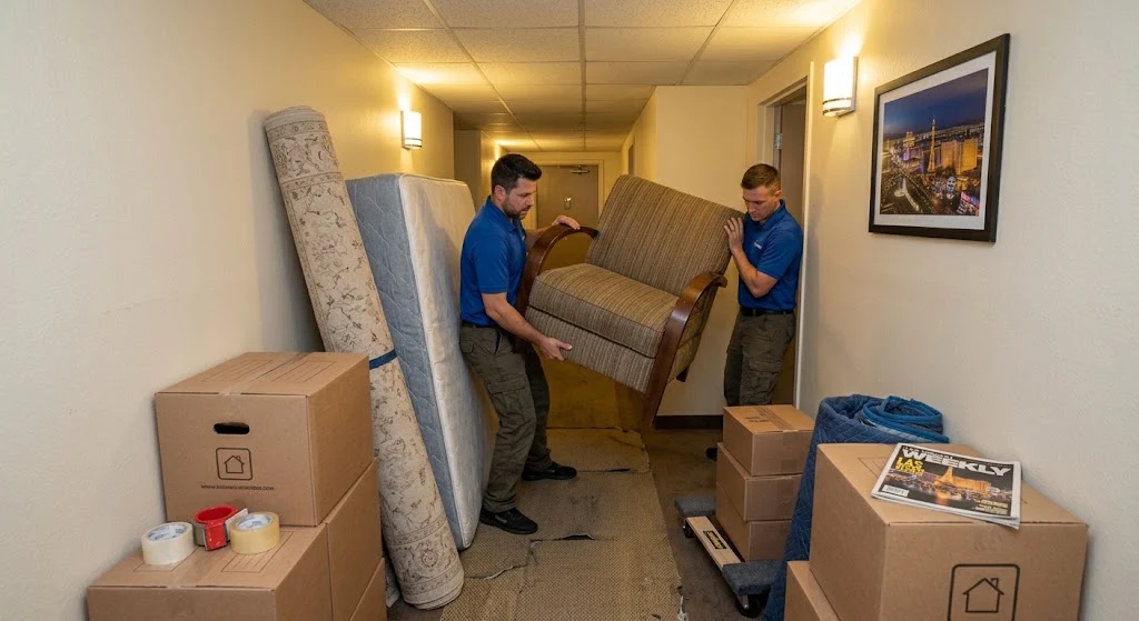 Workers carefully moving bulky furniture through a narrow Las Vegas apartment hallway