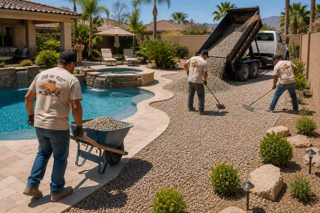 updated poolside landscape with fresh gravel being installed around the hardscape.
