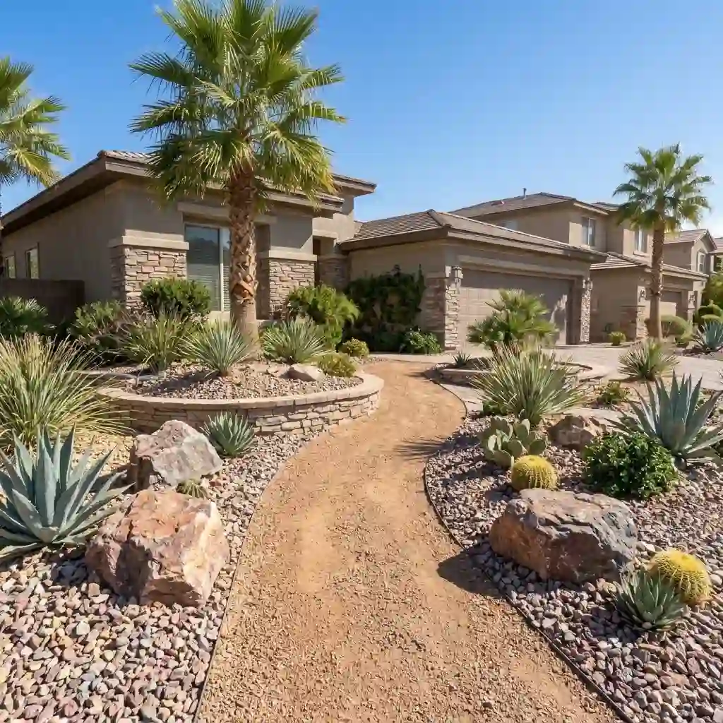 Gravel pathway and decorative boulders create an attractive desert landscape in Las Vegas.