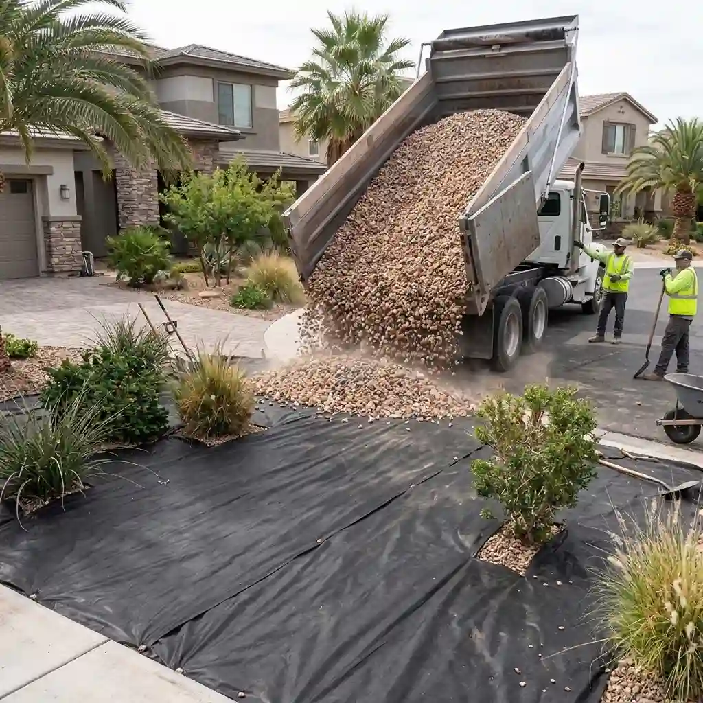 Rock Truck hauling service delivers landscaping materials to a Las Vegas home improvement project.
